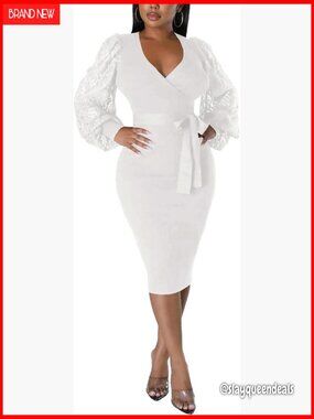 Bishop Sleeve V Neck Bodycon Midi Church Dress